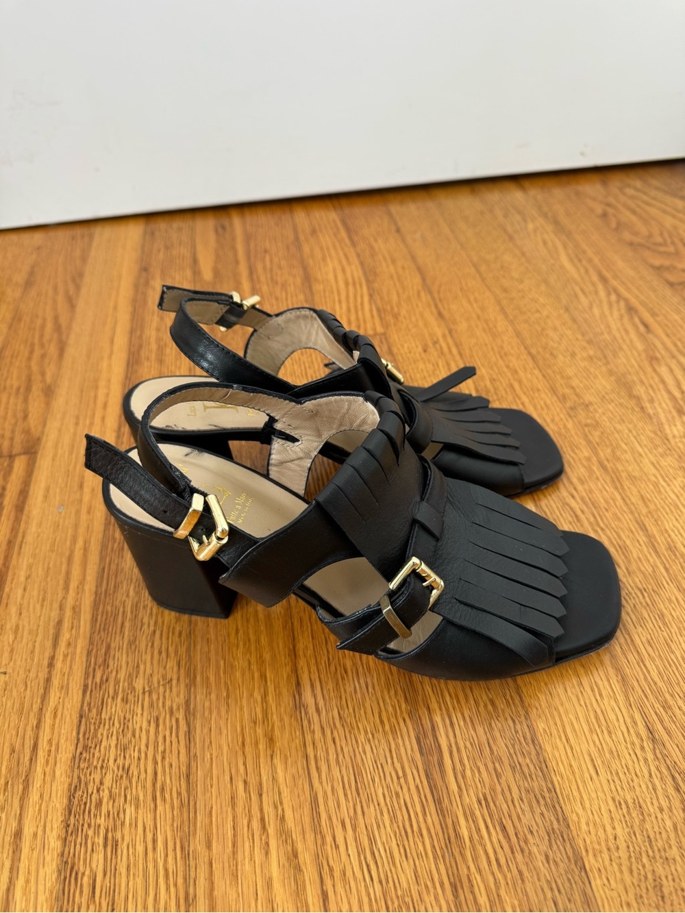 Luca Grossi Leather Open Toe Heeled Sandal Fringe Italian Size 10